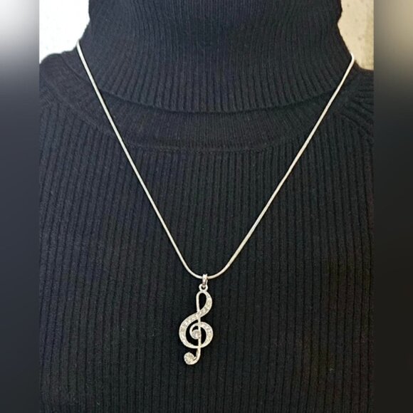 Crystal Treble Clef Musical Symbol Pendant with Silvertone Necklace - Picture 4 of 6